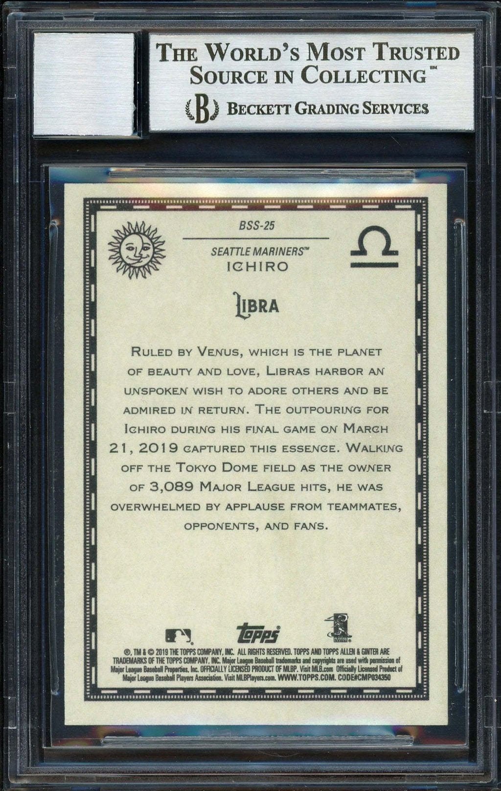Ichiro Suzuki Autographed 2019 Topps Allen & Ginter Baseball Star Signs Card #BSS-25 Seattle Mariners Auto Grade 10 Beckett BAS #12670134