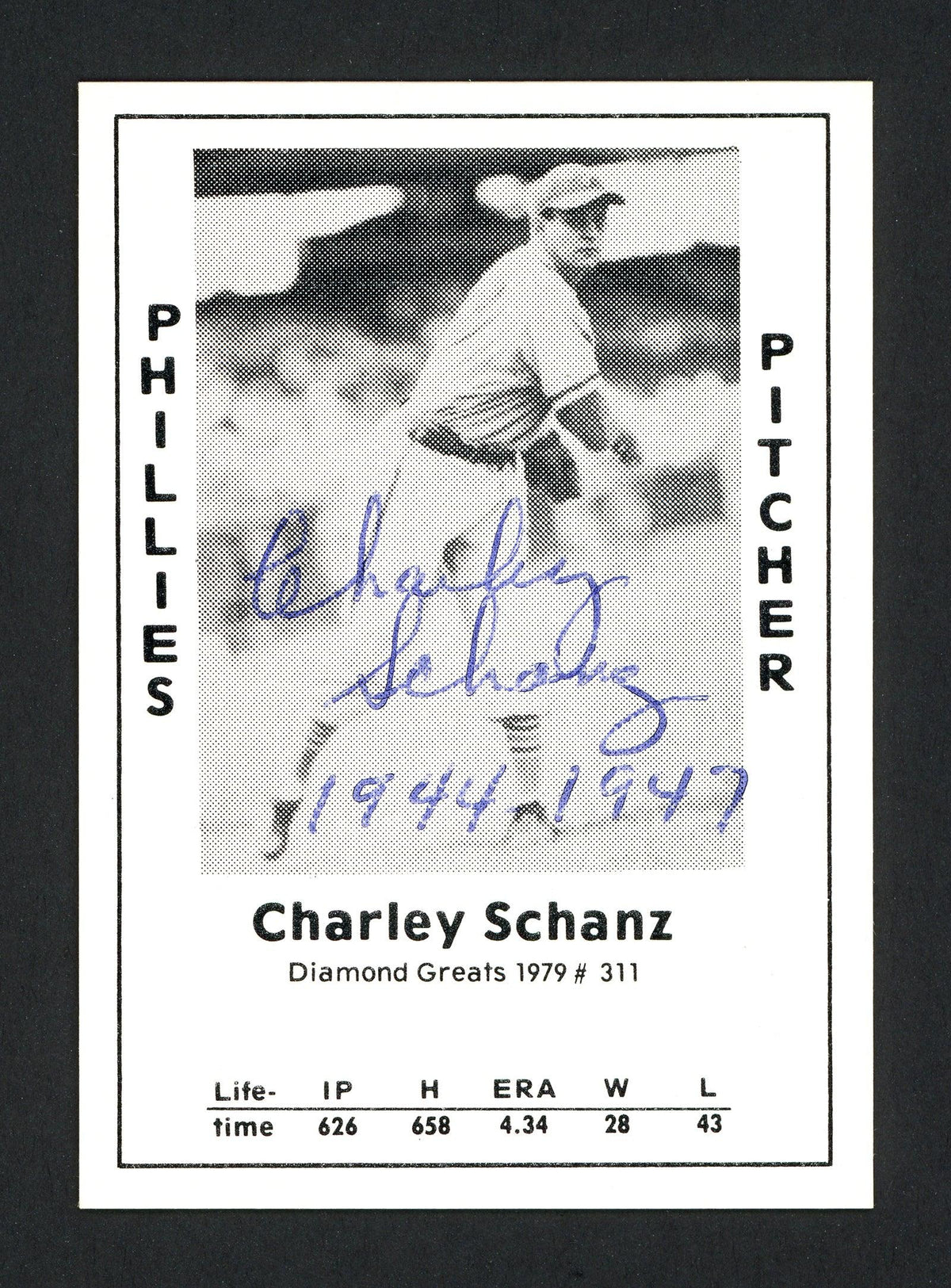Charley Schanz Autographed 1979 Diamond Greats Card #311 Philadelphia Phillies SKU #165663