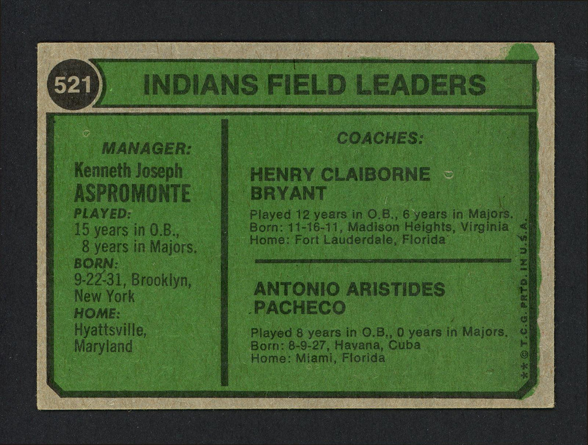 Ken Aspromonte & Tony Pacheco Autographed 1974 Topps Card #521 Cleveland Indians SKU #164142