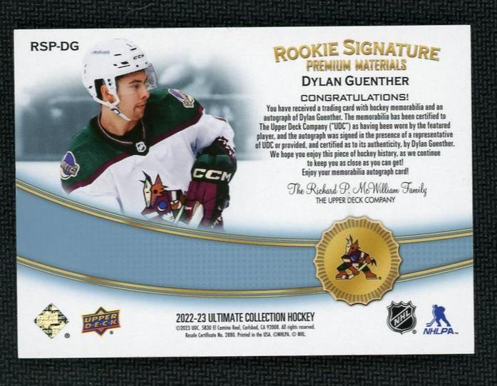2022 Upper Deck Ultimate Collection RSP-DG Dylan Guenther Rookie Signature Premium Materials Rookie /35 Coyotes Auto