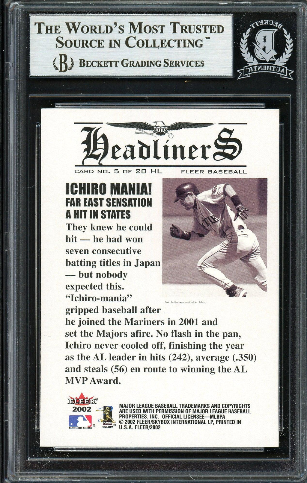 Ichiro Suzuki Autographed 2002 Fleer Headliners Card #5 Seattle Mariners Beckett BAS #12668205