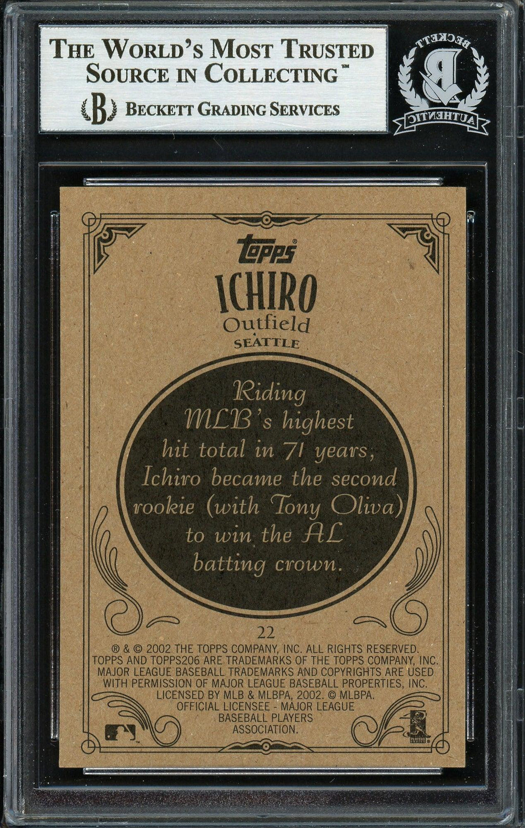 Ichiro Suzuki Autographed 2002 Topps 206 Card #22 Seattle Mariners Beckett BAS Stock #191245