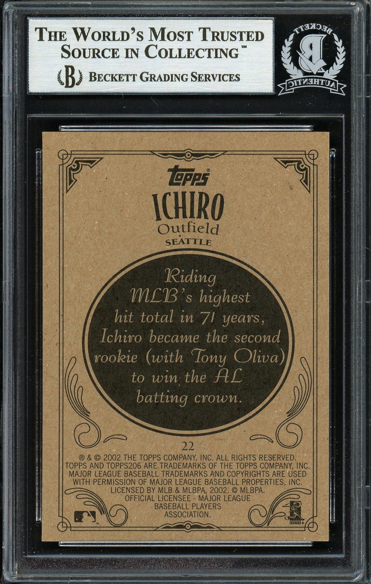Ichiro Suzuki Autographed 2002 Topps 206 Card #22 Seattle Mariners Beckett BAS Stock #191245