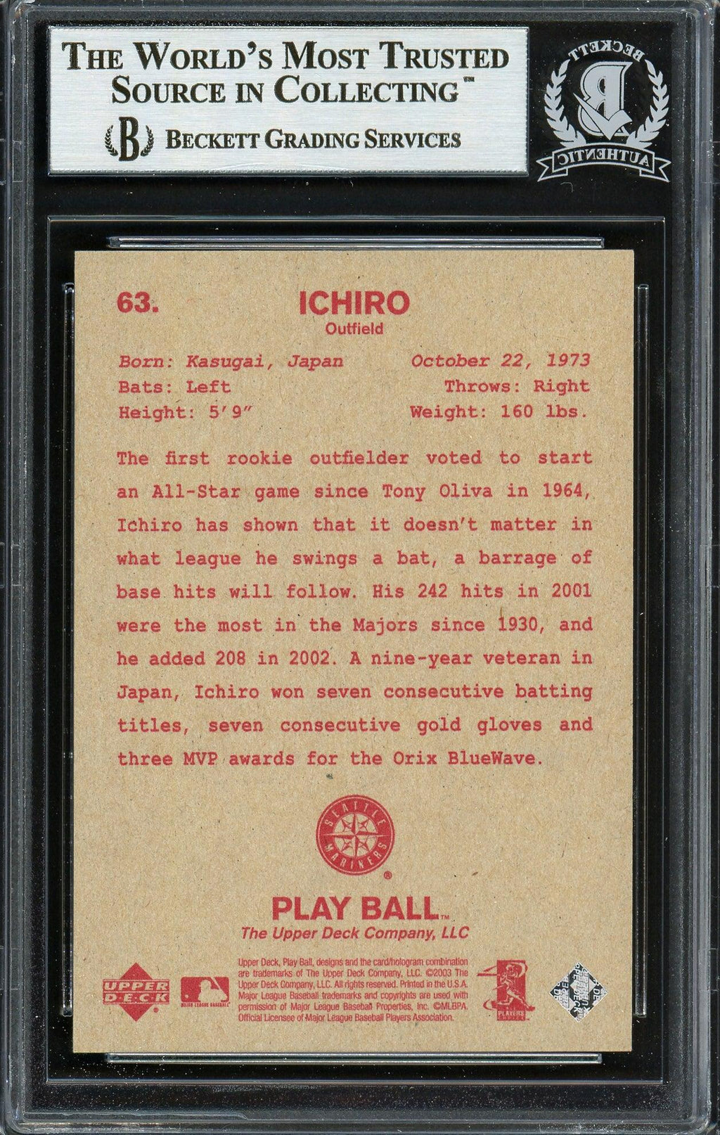 Ichiro Suzuki Autographed 2003 Upper Deck Play Ball Card #63 Seattle Mariners Beckett BAS Stock #191262