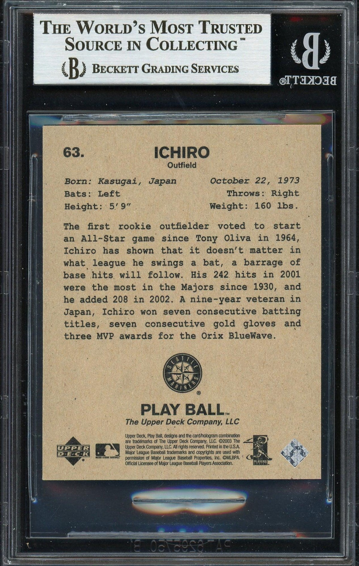Ichiro Suzuki Autographed 2003 Upper Deck Play Ball Mini Card #63 Seattle Mariners Beckett BAS #12668496