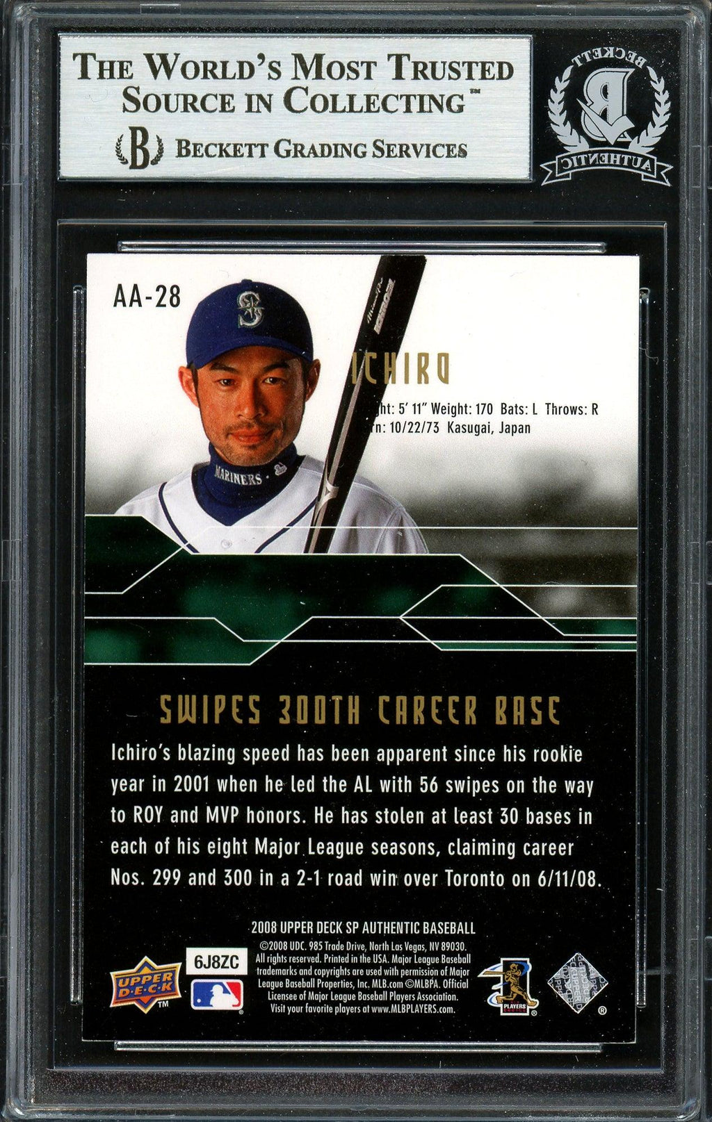 Ichiro Suzuki Autographed 2008 SP Authentic Achievements Card #AA-28 Seattle Mariners Beckett BAS #12668892