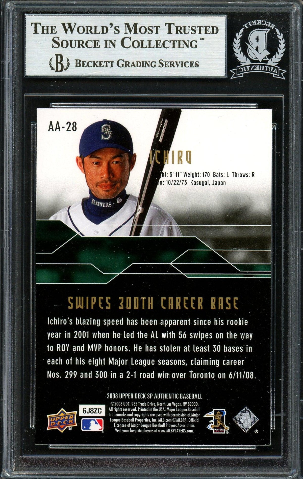 Ichiro Suzuki Autographed 2008 SP Authentic Achievements Card #AA-28 Seattle Mariners Beckett BAS #12668892