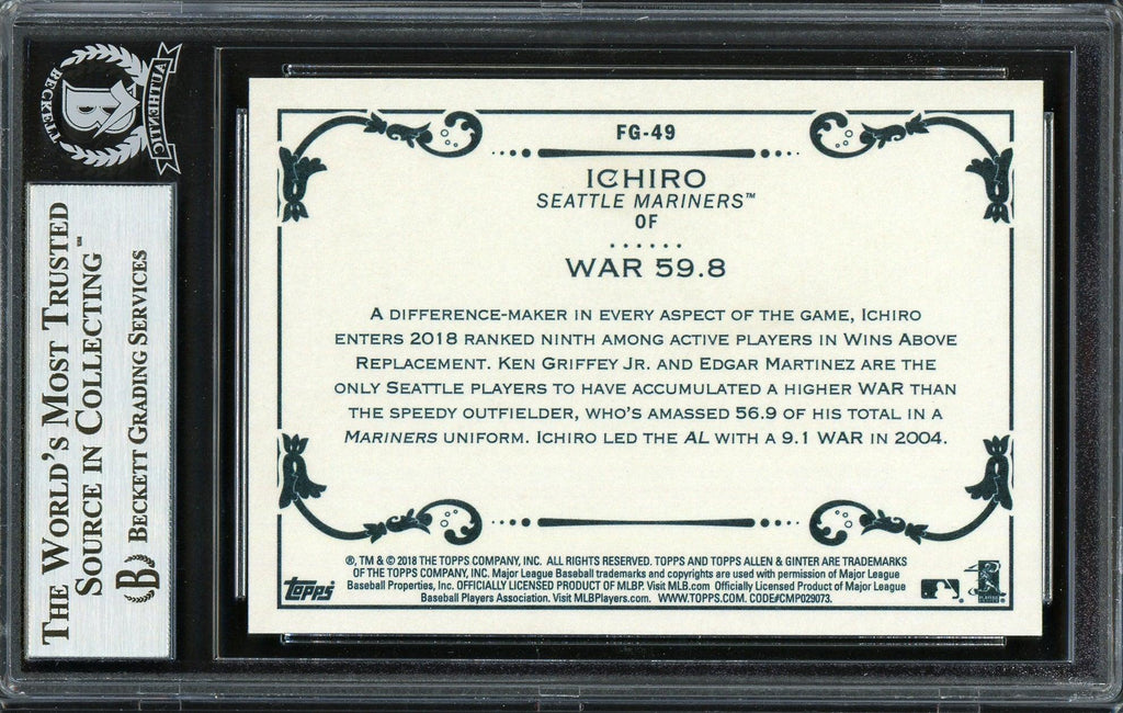Ichiro Suzuki Autographed 2018 Topps Allen & Ginter Fantasy Goldmine Card #FG-49 Seattle Mariners Beckett BAS Stock #191394