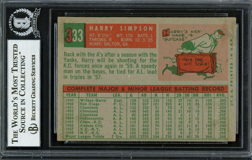 Harry Simpson Autographed 1959 Topps Card #333 Kansas City A's Beckett BAS #12666649