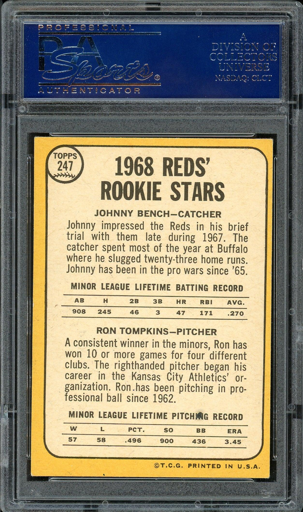 Johnny Bench Autographed 1968 Topps Rookie Card #247 PSA/DNA #83339190