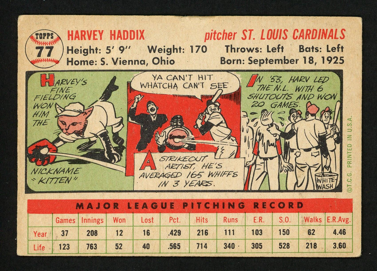Harvey Haddix Autographed 1956 Topps Card #77 St. Louis Cardinals SKU #154369