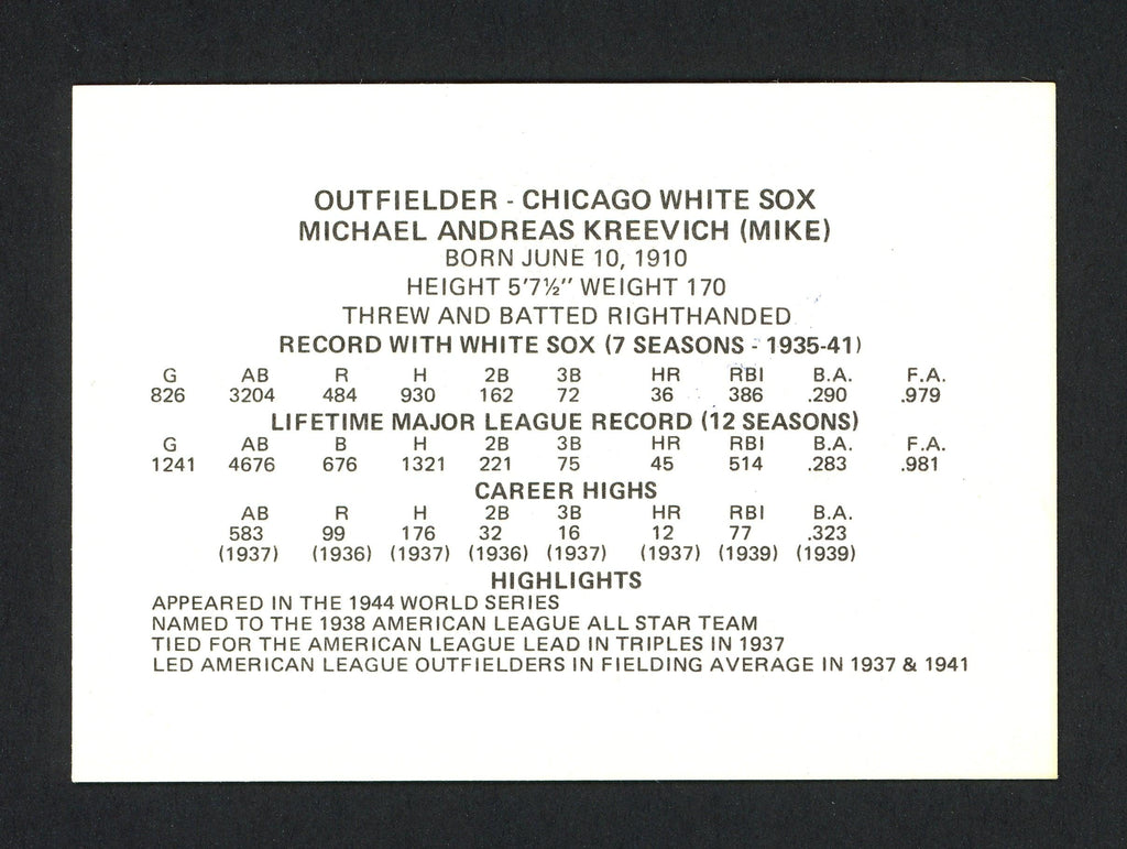 Mike Kreevich Autographed 1976 Chicago's Greats Card Chicago White Sox SKU #165794