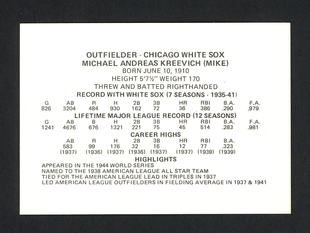 Mike Kreevich Autographed 1976 Chicago's Greats Card Chicago White Sox SKU #165794