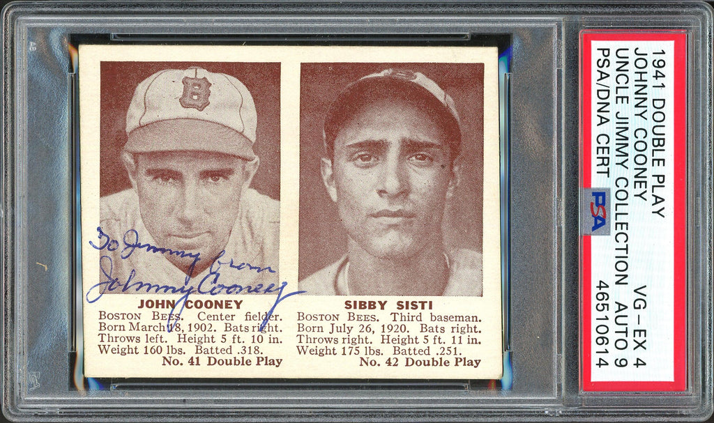 Johnny Cooney Autographed 1941 Double Play Card Boston Bees "To Jimmy" Auto Grade 9 Card Grade VG-EX 4 PSA/DNA #46510614