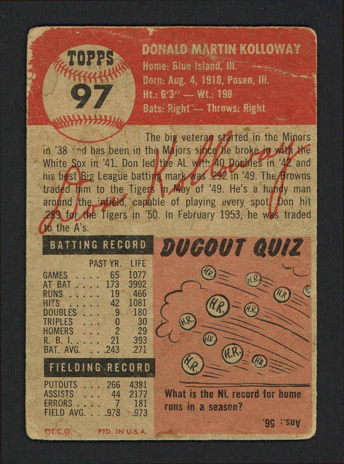 Don Kolloway Autographed 1953 Topps Card #97 Philadelphia A's SKU #164279