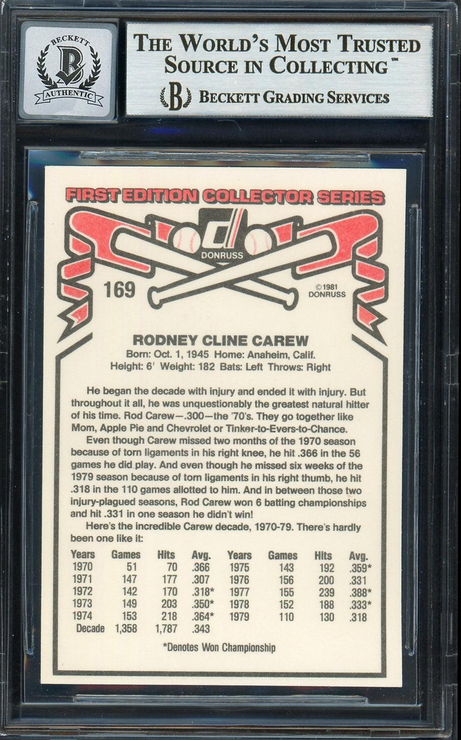 Rod Carew Autographed 1981 Donruss Card #169 California Angels Auto Grade Gem Mint 10 Beckett BAS #12751541