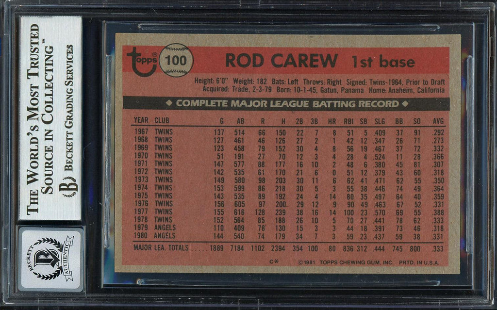 Rod Carew Autographed 1981 Topps Card #100 California Angels Auto Grade Gem Mint 10 Beckett BAS #12751543