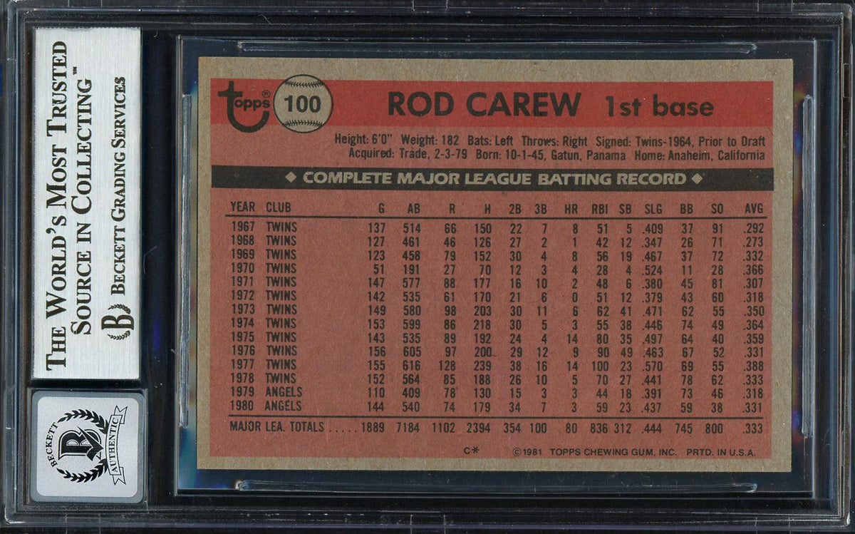 Rod Carew Autographed 1981 Topps Card #100 California Angels Auto Grade Gem Mint 10 Beckett BAS #12751543