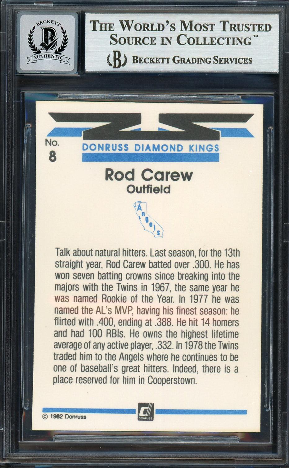 Rod Carew Autographed 1982 Donruss Diamond Kings Card #8 California Angels Auto Grade Gem Mint 10 Beckett BAS #12751544
