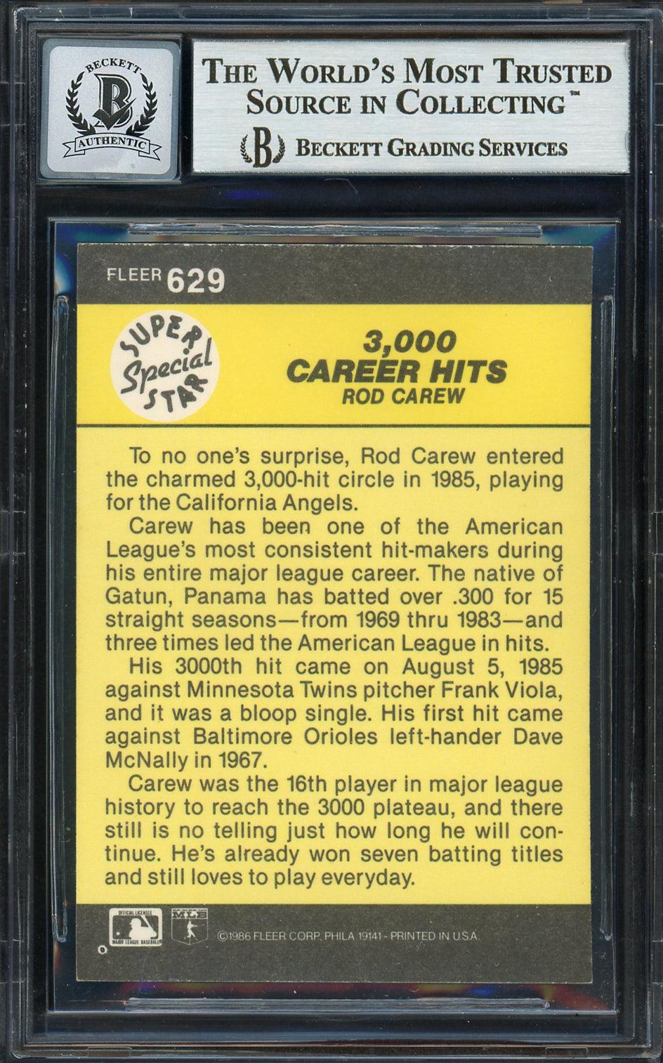 Rod Carew Autographed 1986 Fleer Card #629 California Angels Auto Grade Gem Mint 10 Beckett BAS #12751599