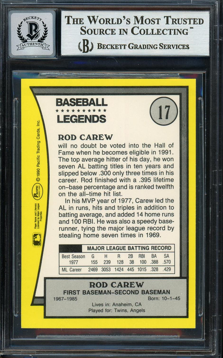 Rod Carew Autographed 1990 Pacific Card #17 Minnesota Twins Auto Grade Gem Mint 10 Beckett BAS #12751623