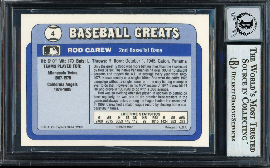Rod Carew Autographed 1990 Swell Card #4 Minnesota Twins Auto Grade Gem Mint 10 Beckett BAS Stock #192691