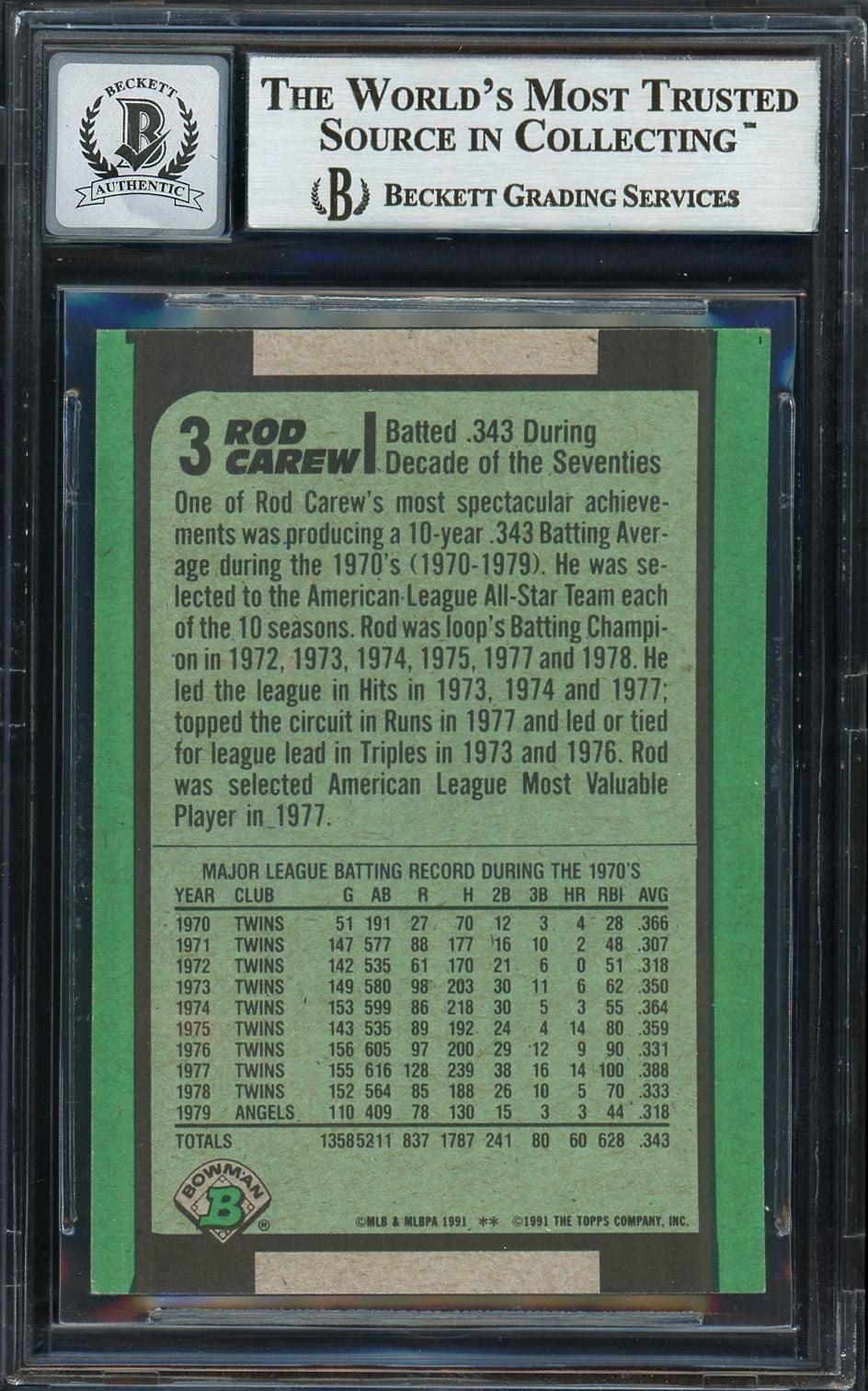 Rod Carew Autographed 1991 Bowman Card #3 Minnesota Twins Auto Grade Gem Mint 10 Beckett BAS Stock #192693