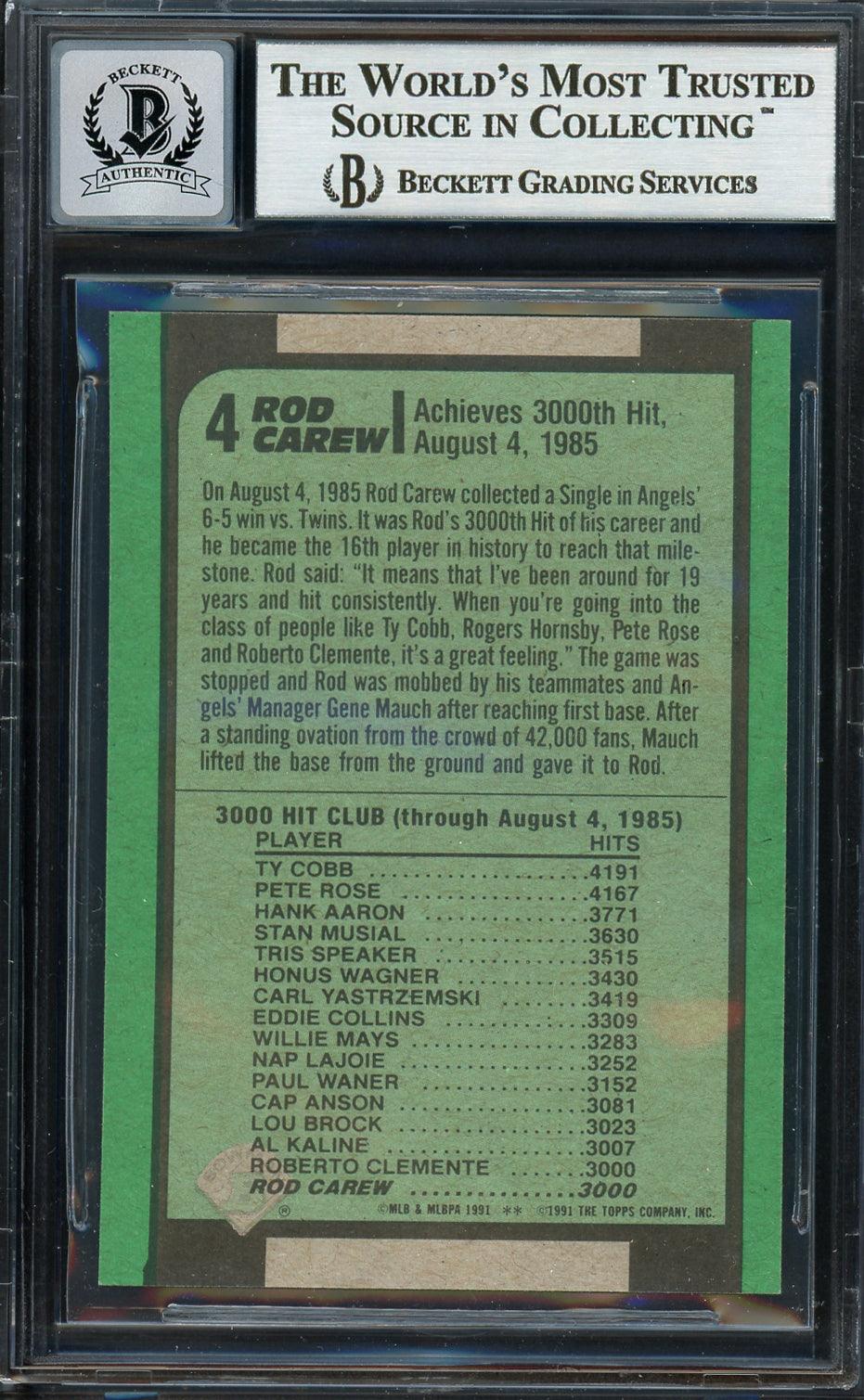 Rod Carew Autographed 1991 Bowman Card #4 California Angels Auto Grade Gem Mint 10 Beckett BAS Stock #192694