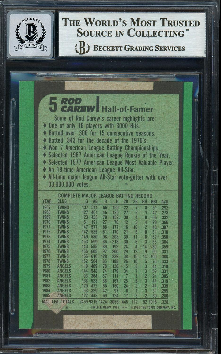 Rod Carew Autographed 1991 Bowman Card #5 California Angels Auto Grade Gem Mint 10 Beckett BAS Stock #192695