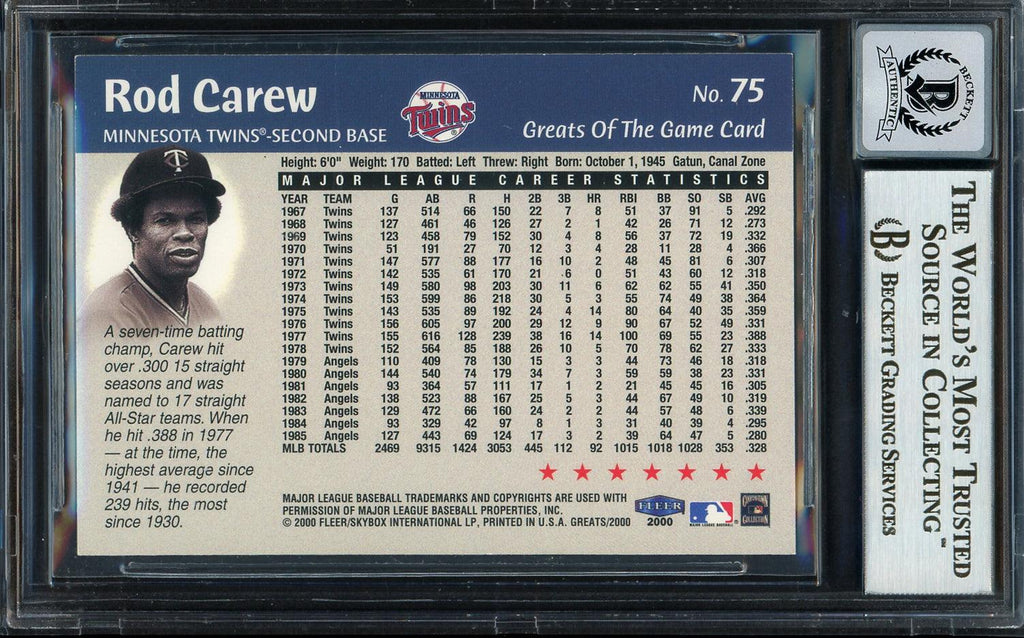 Rod Carew Autographed 2000 Fleer Greats of the Game Card #75 Minnesota Twins Auto Grade Gem Mint 10 Beckett BAS #12751678