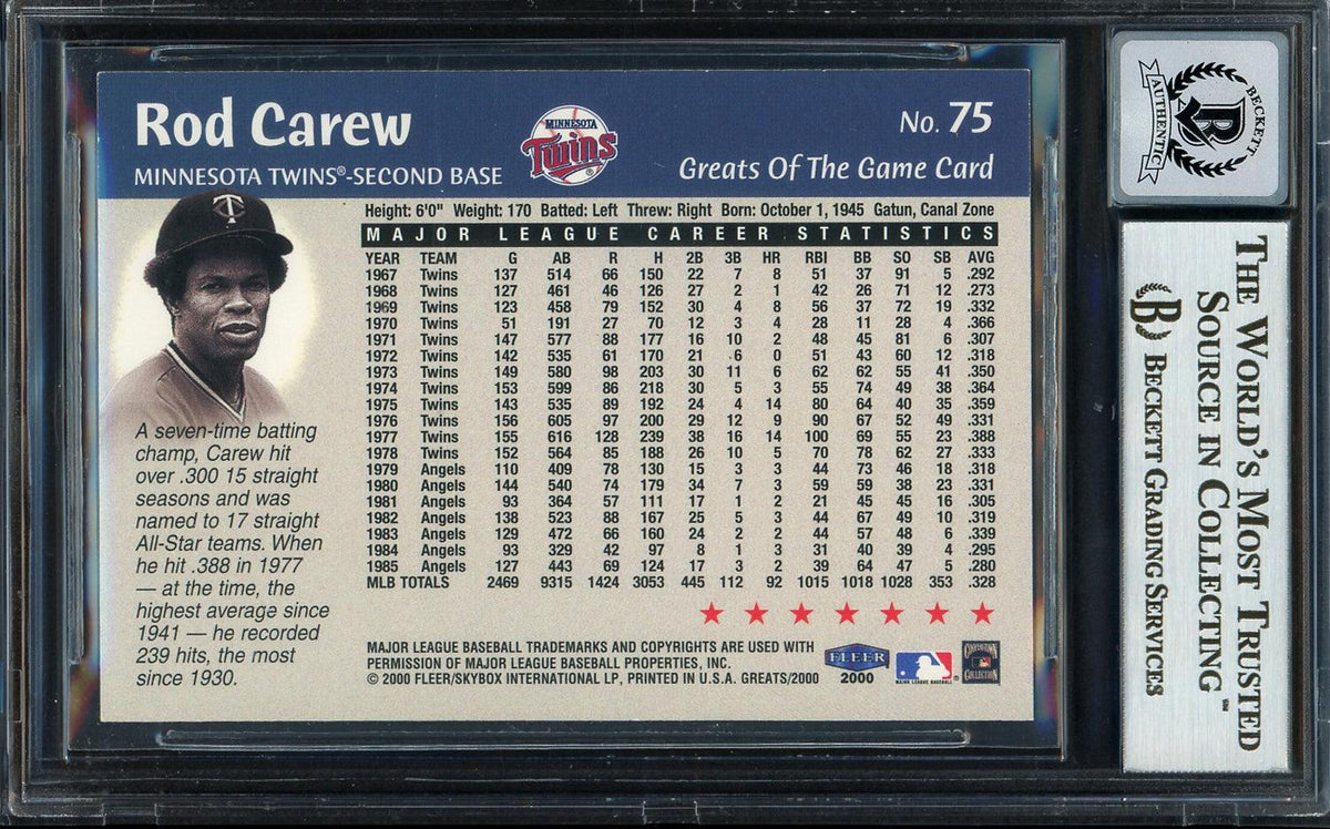 Rod Carew Autographed 2000 Fleer Greats of the Game Card #75 Minnesota Twins Auto Grade Gem Mint 10 Beckett BAS #12751678