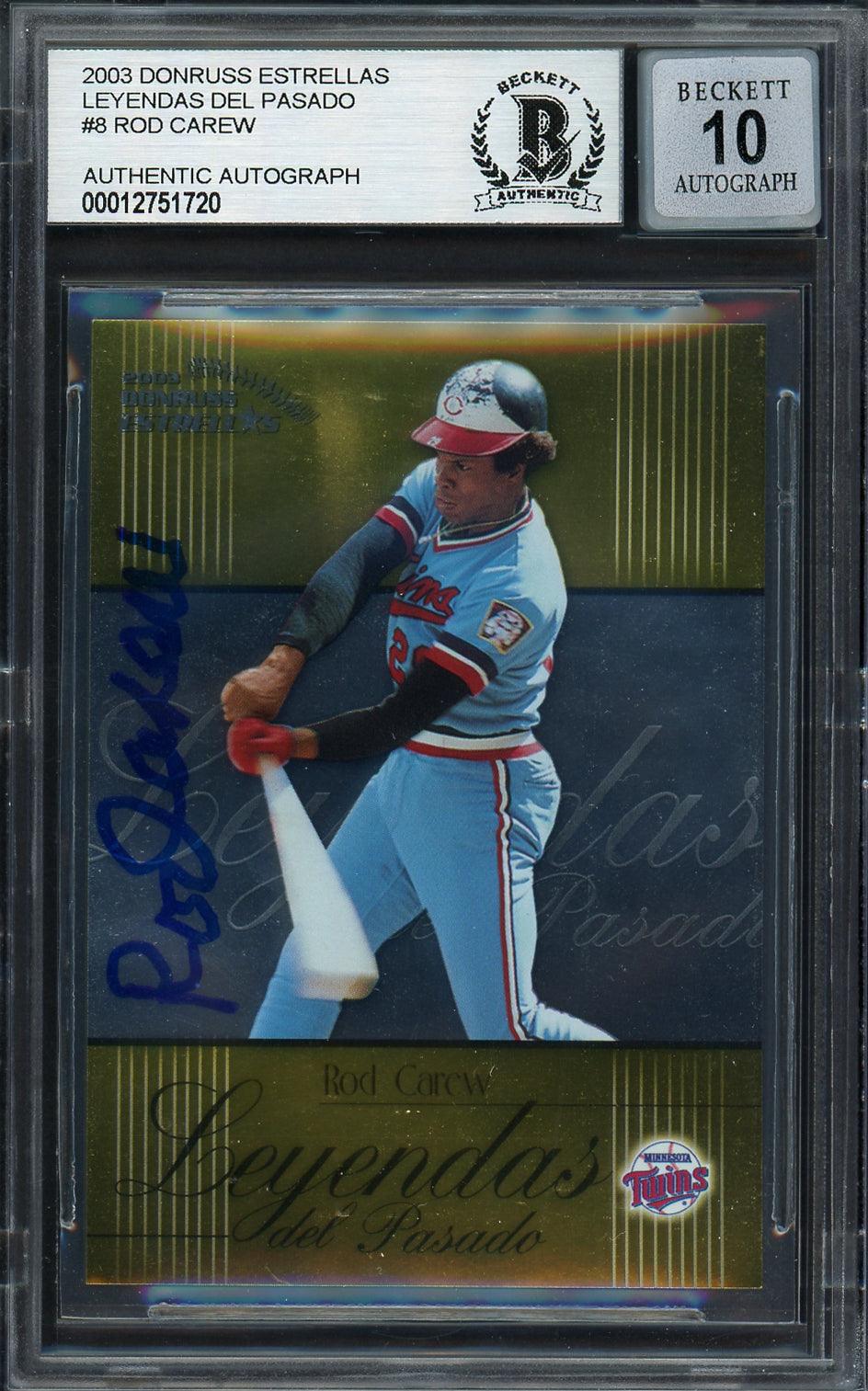 Rod Carew Autographed 2003 Donruss Estrellas Card #LP-8 Minnesota Twins Auto Grade Gem Mint 10 Beckett BAS #12751720