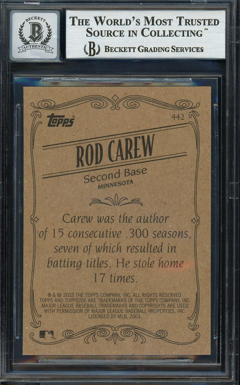 Rod Carew Autographed 2003 Topps 206 Card #442 Minnesota Twins Auto Grade Gem Mint 10 Beckett BAS #12751723