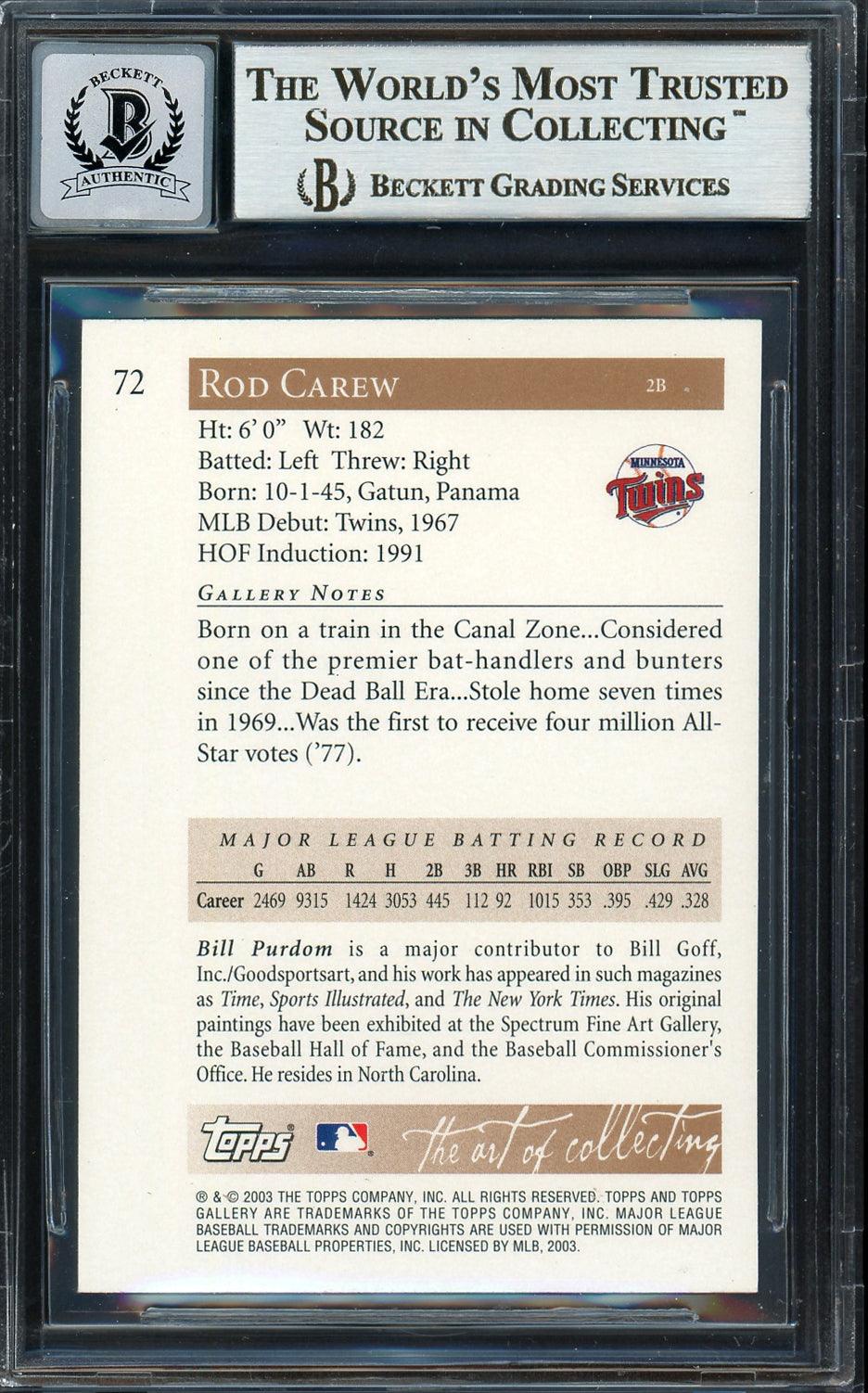 Rod Carew Autographed 2003 Topps Gallery Card #72 Minnesota Twins Auto Grade Gem Mint 10 Beckett BAS Stock #192719