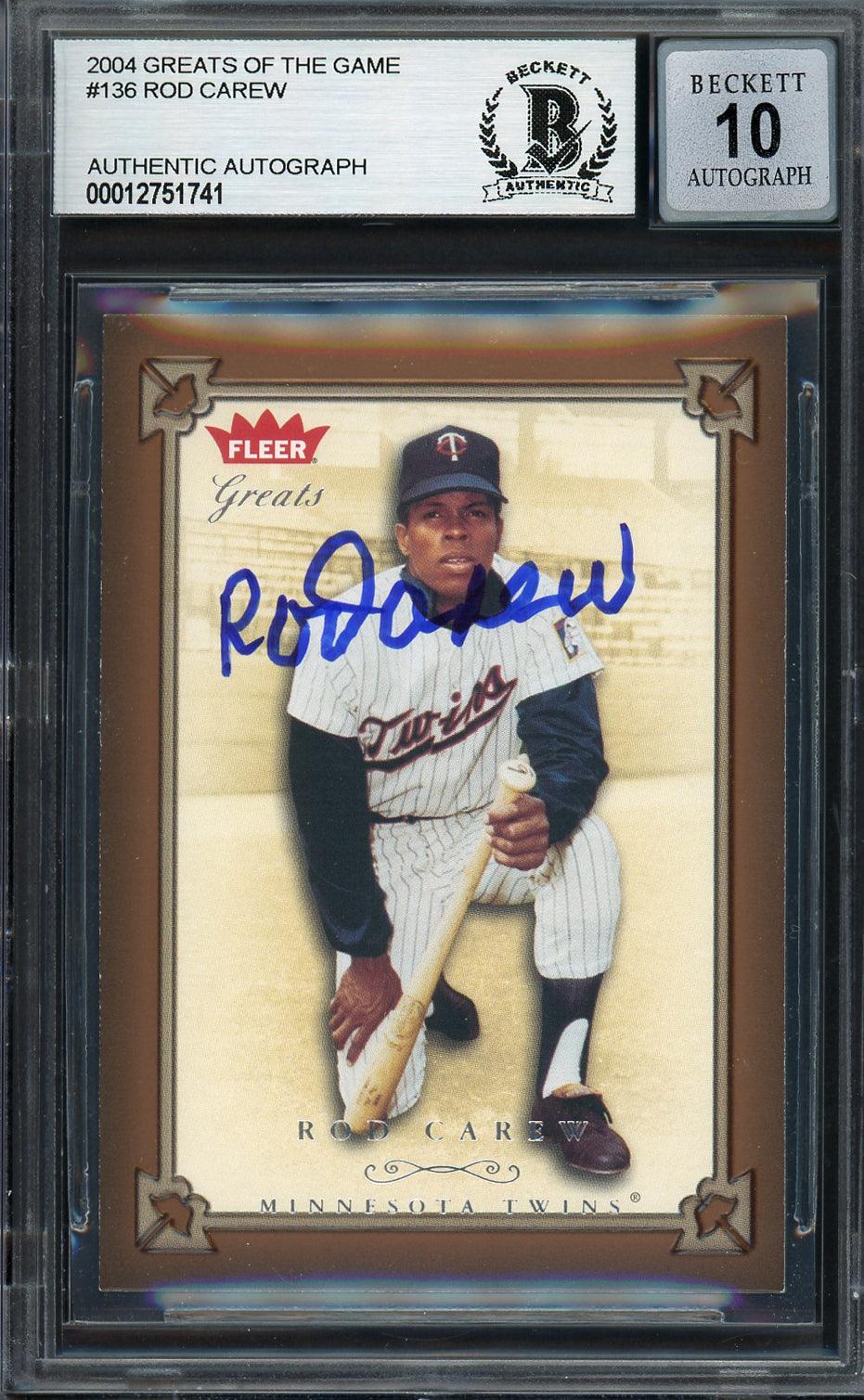 Rod Carew Autographed 2004 Fleer Greats of the Game Card #136 Minnesota Twins Auto Grade Gem Mint 10 Beckett BAS #12751741