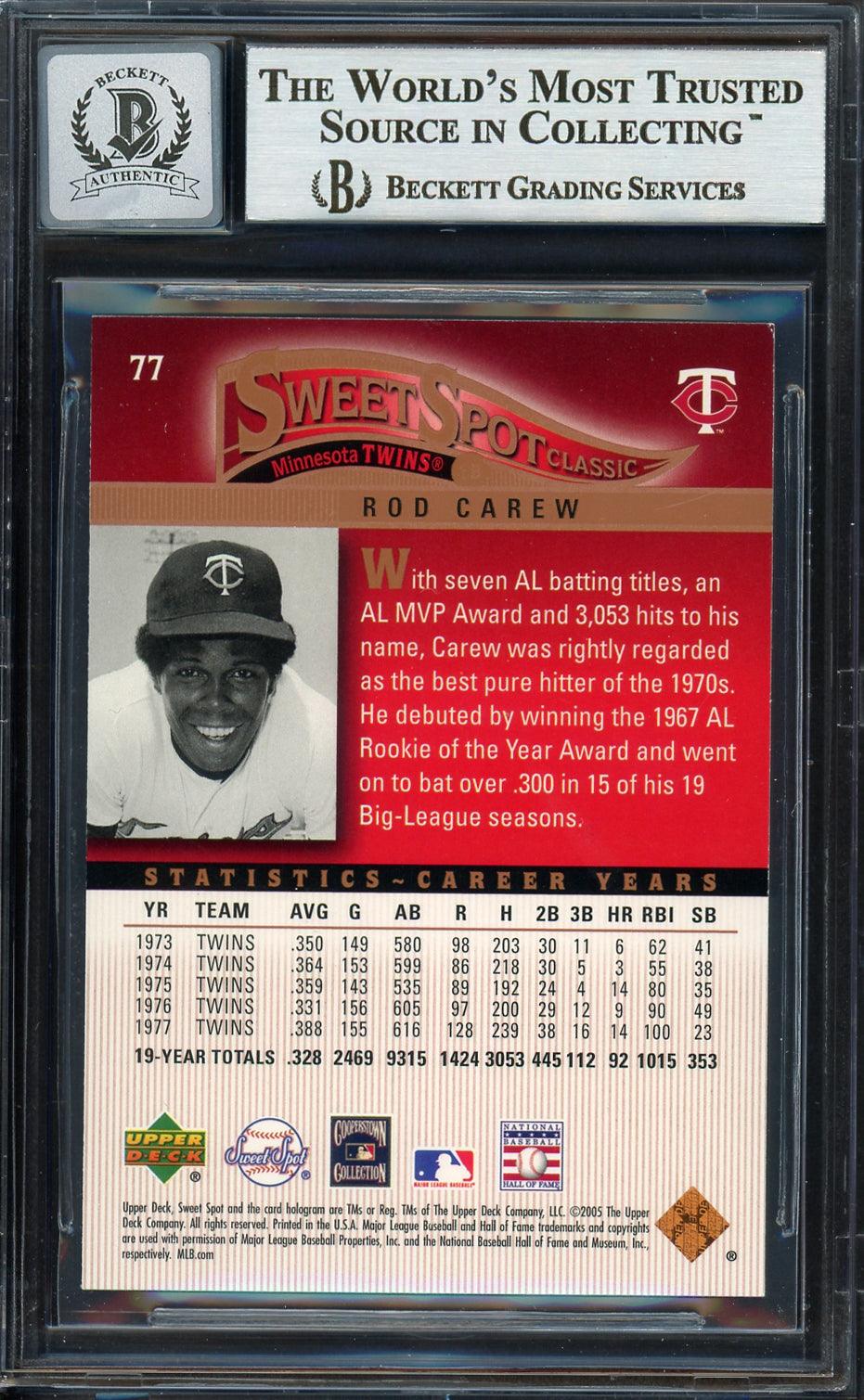 Rod Carew Autographed 2005 Upper Deck Sweet Spot Card #77 Minnesota Twins Auto Grade Gem Mint 10 Beckett BAS #12751819