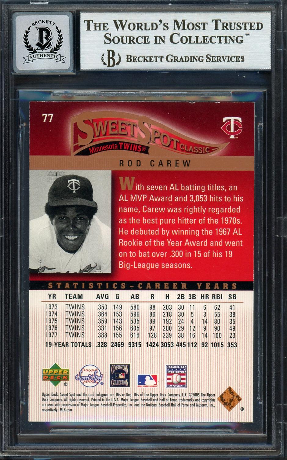 Rod Carew Autographed 2005 Upper Deck Sweet Spot Card #77 Minnesota Twins Auto Grade Gem Mint 10 Beckett BAS #12751821
