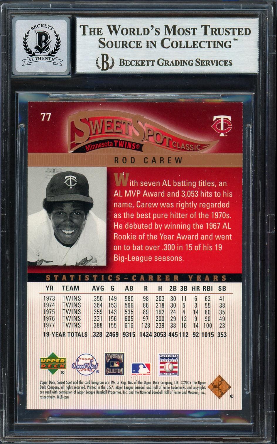 Rod Carew Autographed 2005 Upper Deck Sweet Spot Card #77 Minnesota Twins Auto Grade Gem Mint 10 Beckett BAS #12751822