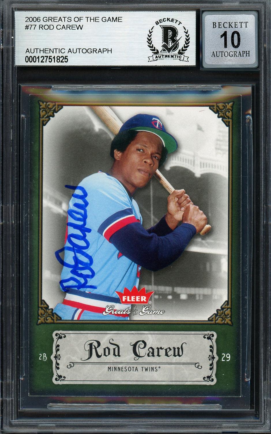 Rod Carew Autographed 2006 Fleer Greats of the Game Card #77 Minnesota Twins Auto Grade Gem Mint 10 Beckett BAS #12751825