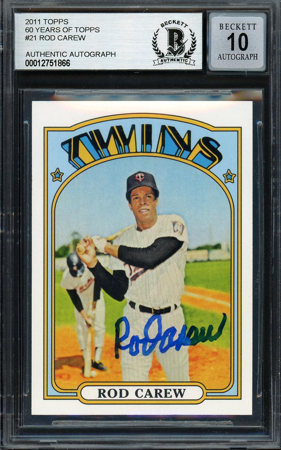 Rod Carew Autographed 2011 Topps 60 Years of Topps Card #60YOT-21 Minnesota Twins Auto Grade Gem Mint 10 Beckett BAS Stock #192764