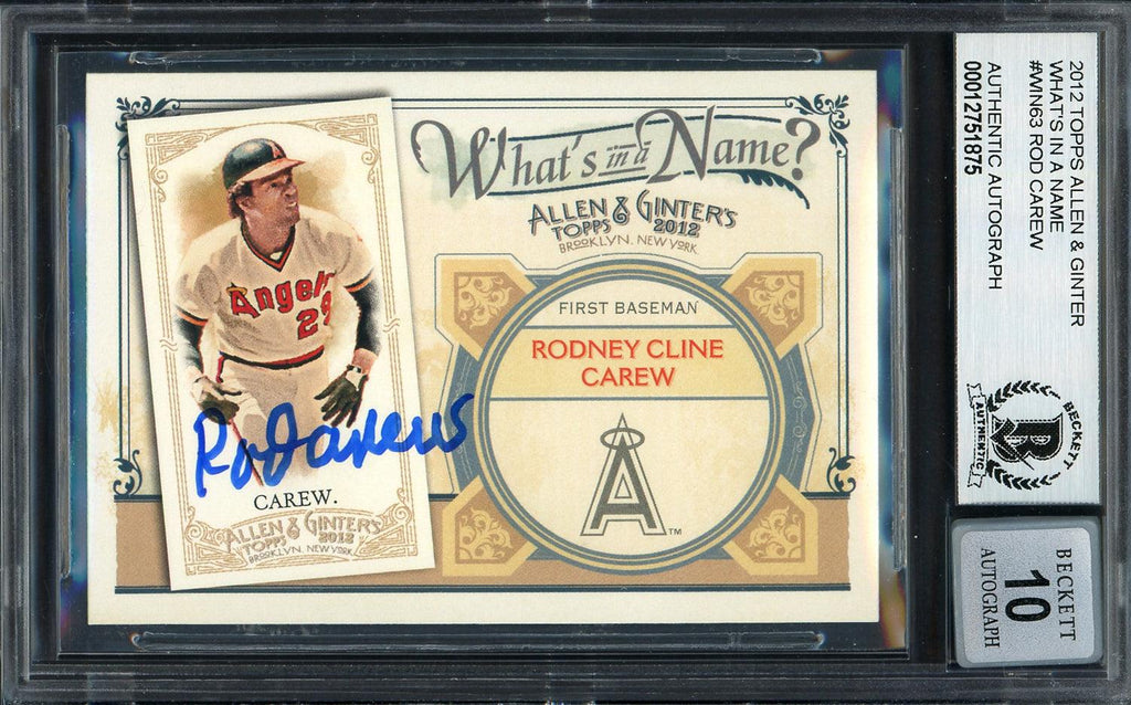 Rod Carew Autographed 2012 Topps Allen & Ginter What's In A Name Card #WIN63 California Angels Auto Grade Gem Mint 10 Beckett BAS #12751875