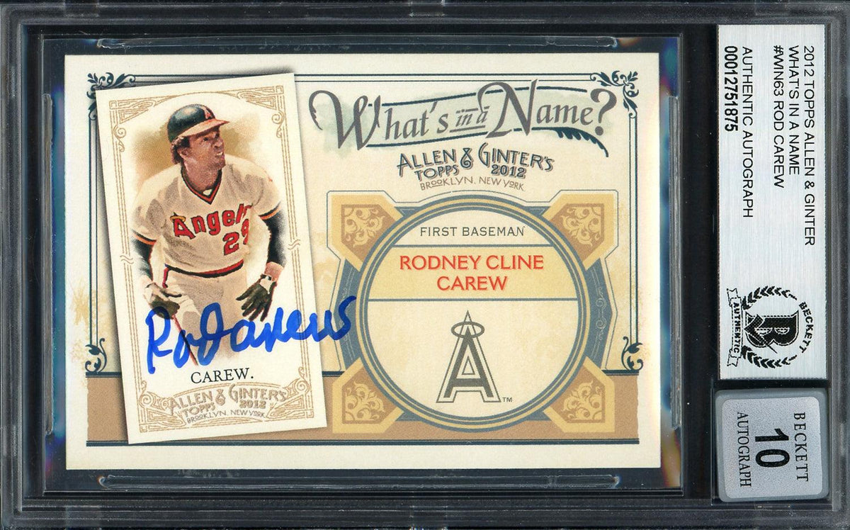 Rod Carew Autographed 2012 Topps Allen & Ginter What's In A Name Card #WIN63 California Angels Auto Grade Gem Mint 10 Beckett BAS #12751875