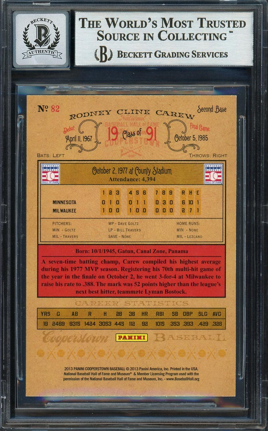 Rod Carew Autographed 2013 Panini Cooperstown Card #82 Minnesota Twins Auto Grade Gem Mint 10 Beckett BAS #12751893