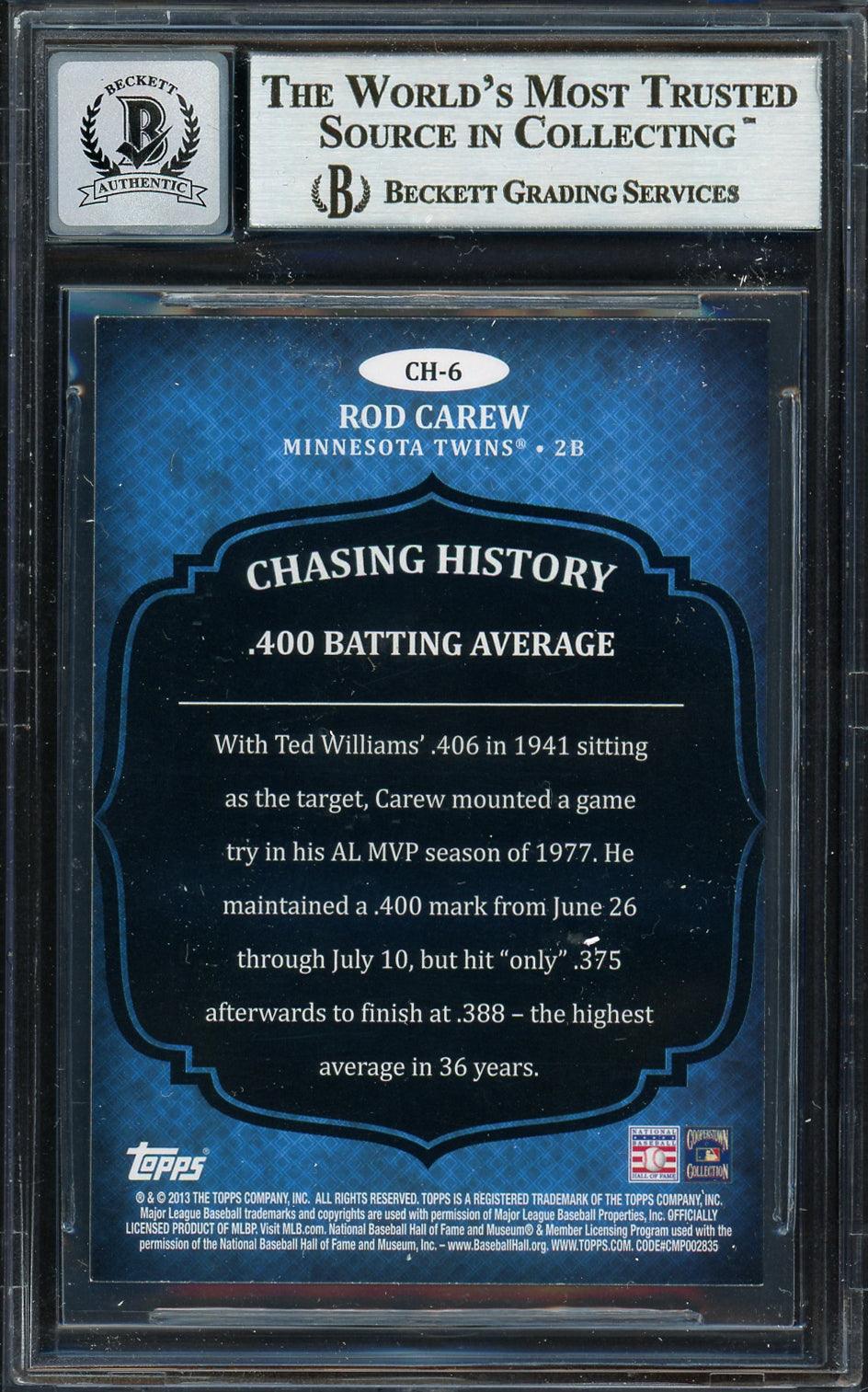 Rod Carew Autographed 2013 Topps Chasing History Card #CH-6 Minnesota Twins Auto Grade Gem Mint 10 Beckett BAS #12751925