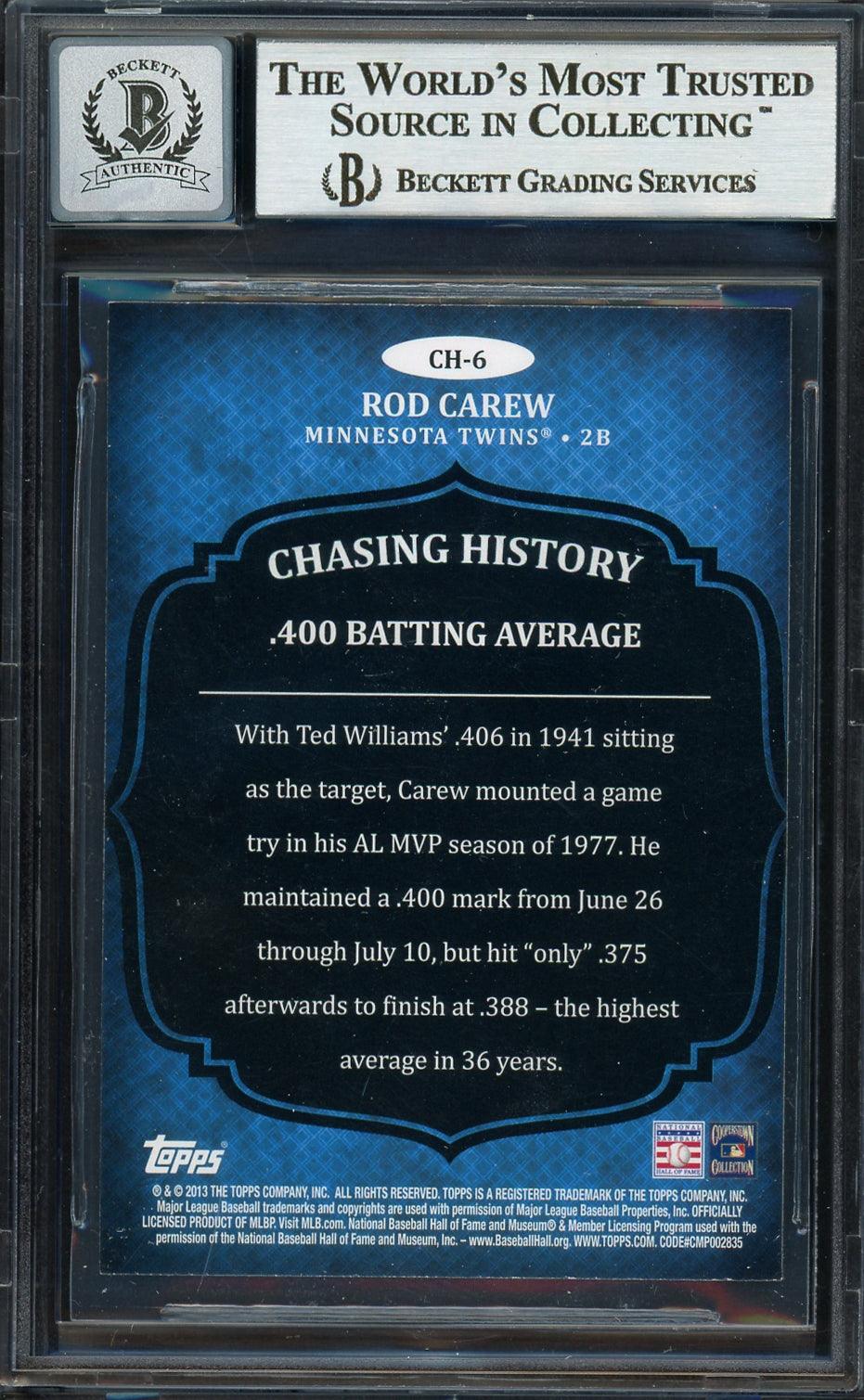 Rod Carew Autographed 2013 Topps Chasing History Card #CH-6 Minnesota Twins Auto Grade Gem Mint 10 Beckett BAS #12751926