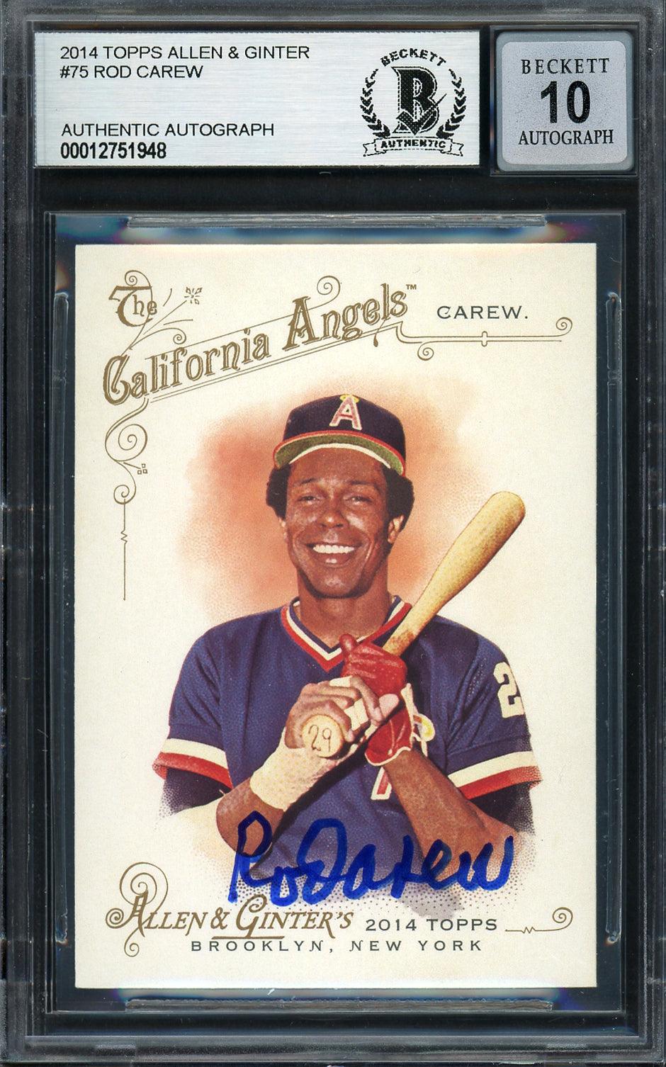 Rod Carew Autographed 2014 Topps Allen & Ginter Card #75 California Angels Auto Grade Gem Mint 10 Beckett BAS Stock #192788
