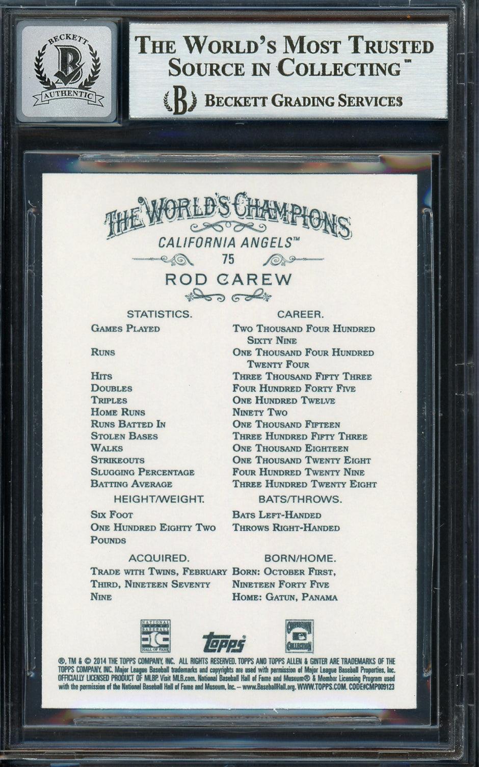 Rod Carew Autographed 2014 Topps Allen & Ginter Card #75 California Angels Auto Grade Gem Mint 10 Beckett BAS Stock #192788