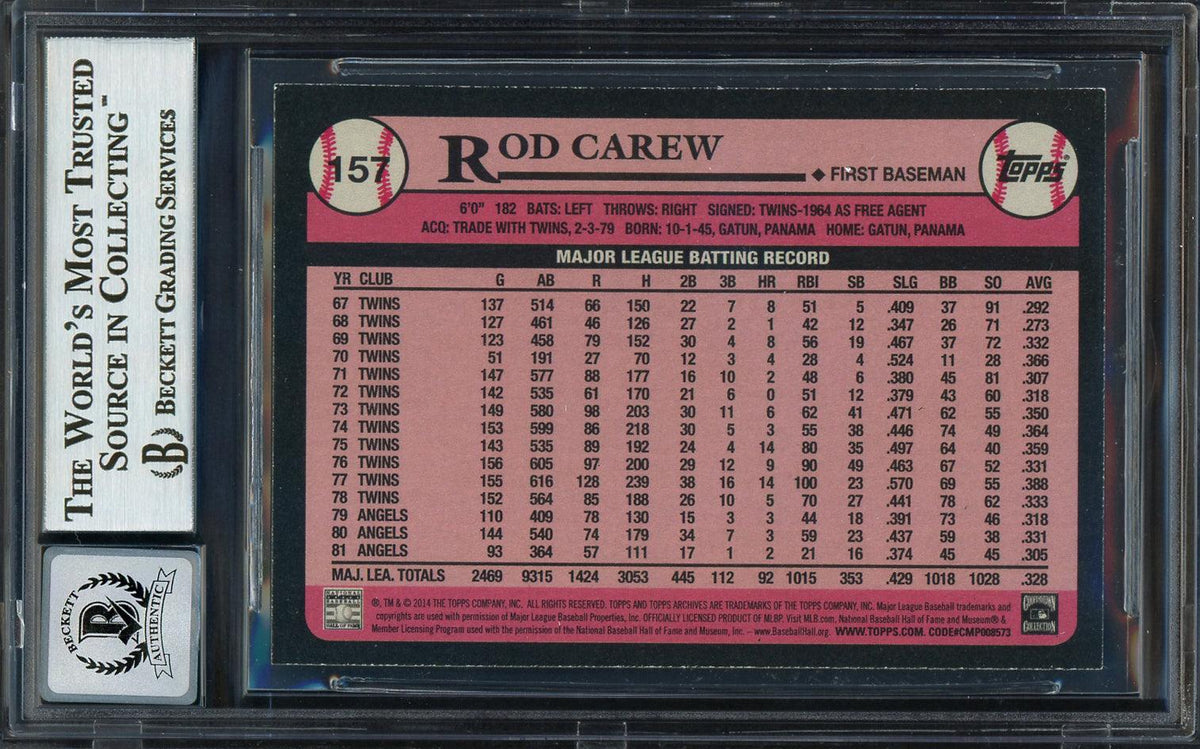 Rod Carew Autographed 2014 Topps Archives Card #157 California Angels Auto Grade Gem Mint 10 Beckett BAS #12751961