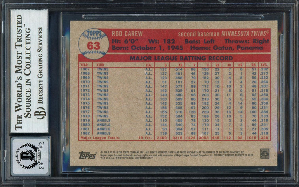 Rod Carew Autographed 2015 Topps Archives Card #63 Minnesota Twins Auto Grade Gem Mint 10 Beckett BAS #12751969