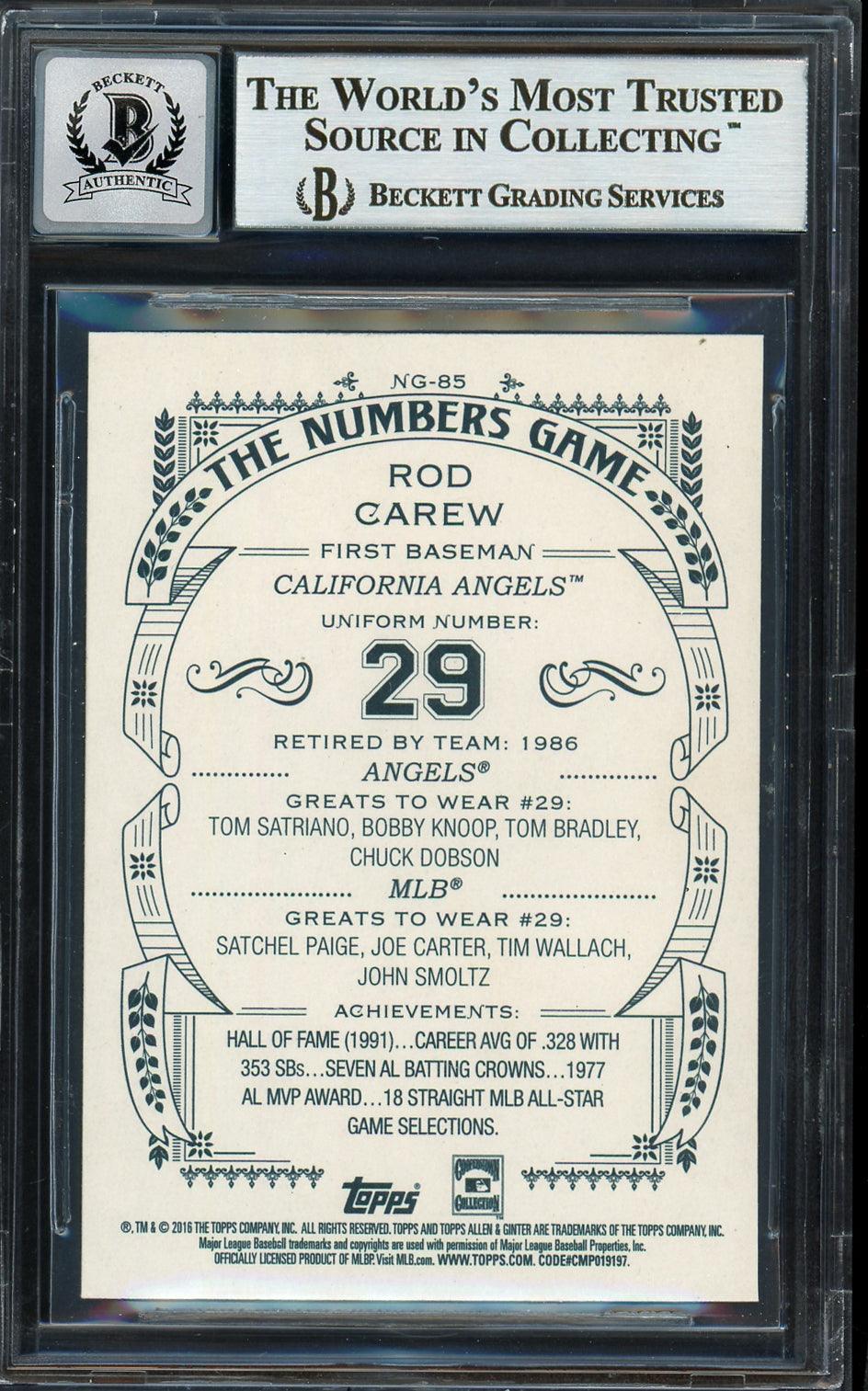 Rod Carew Autographed 2016 Topps Allen & Ginter Number's Game Card #NG-85 California Angels Auto Grade Gem Mint 10 Beckett BAS Stock #192805